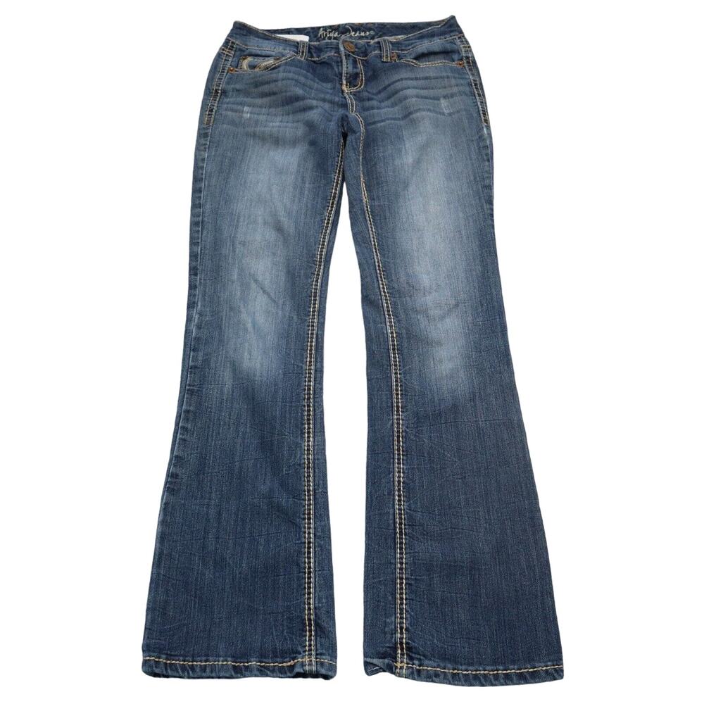 Ariya Jeans Pants Womens 6 Blue Bootcut Low Rise Button Stretch Dark Wash Denim